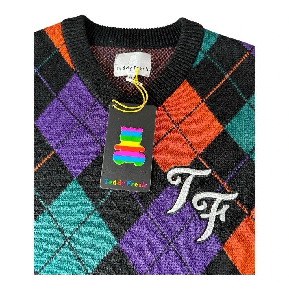 Teddy‎ Fresh Men V-Neck Argyle Sweater Size Multicolor Knit XS
